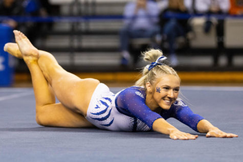 Hailey Davis performs her floor routine during the Florida vs. Kentucky gymnastics meet on Friday, Feb. 18, 2022, at Memorial Coliseum in Lexington, Kentucky. UK lost 197.350-97.575. Photo by Michael Clubb | Staff