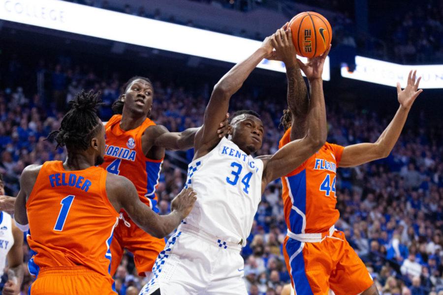 Kentucky+Wildcats+forward+Oscar+Tshiebwe+%2834%29+fights+for+a+rebound+during+the+UK+vs.+Florida+mens+basketball+game+on+Saturday%2C+Feb.+12%2C+2022%2C+at+Rupp+Arena+in+Lexington%2C+Kentucky.+UK+won+78-57.+Photo+by+Michael+Clubb+%7C+Staff