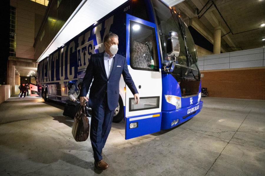 Kentucky Wildcats head coach John Calipari gets off of the bus when arriving to the UK vs. Tennessee mens basketball game on Tuesday, Feb. 15, 2022, at Thompson-Boling Arena in Knoxville, Tennessee. UK lost 76-63. Photo by Michael Clubb | Staff