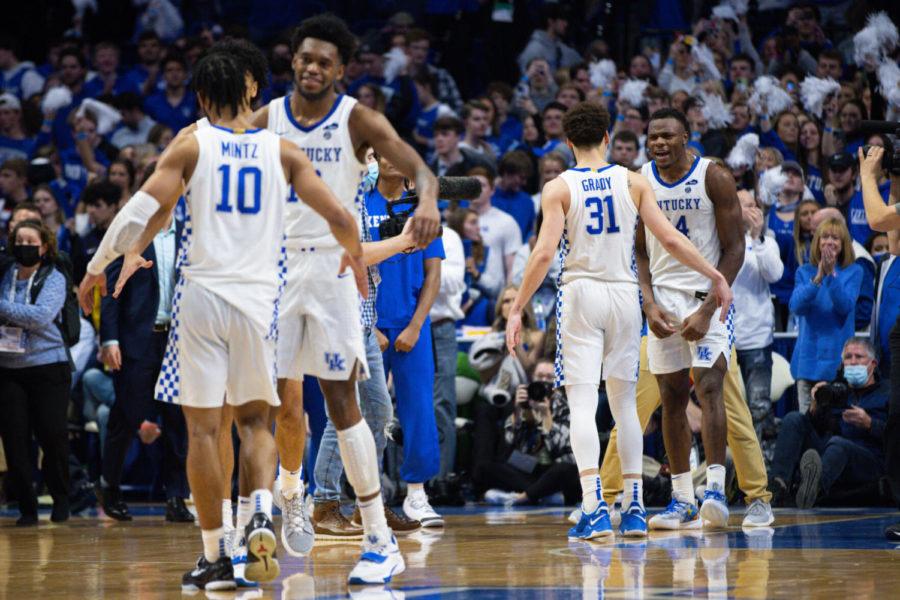 Kentucky+players+celebrate+after+the+UK+vs.+Alabama+mens+basketball+game+on+Saturday%2C+Feb.+19%2C+2022%2C+at+Rupp+Arena+in+Lexington%2C+Kentucky.+UK+won+90-81.+Photo+by+Michael+Clubb+%7C+Staff