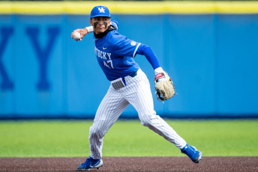 Kentucky Wildcat Ryan Ritter (47) throws the ball to first during the University of Kentucky vs. Georgia State baseball game on Saturday, March 13, 2021, at Kentucky Proud Park in Lexington, Kentucky. UK won 6-1. Photo by Michael Clubb | Staff