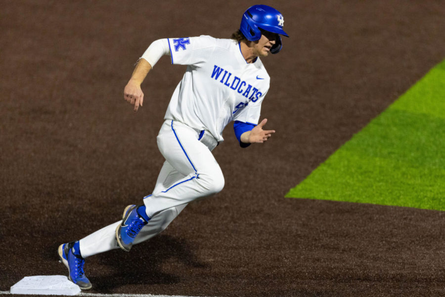 Kentucky Wildcats outfielder Adam Fogel (55) rounds third base to score a run during the UK vs. Morehead State baseball game on Tuesday, March 22, 2022, at Kentucky Proud Park in Lexington, Kentucky. UK won 7-5. Photo by Michael Clubb | Staff