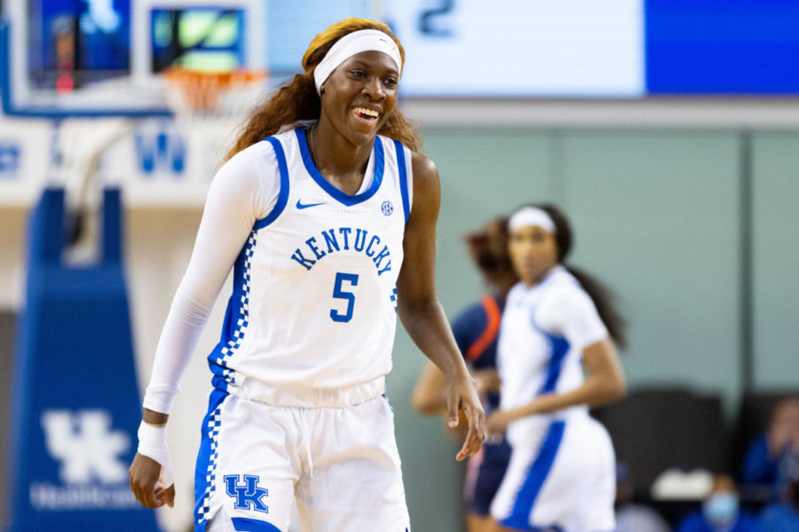 Kentucky Wildcats guard Rhyne Howard (5) smiles after making a 3-pointer during the UK vs. Auburn womens basketball game on Sunday, Feb. 27, 2022, at Memorial Coliseum in Lexington, Kentucky. UK won 90-62. Photo by Michael Clubb | Staff