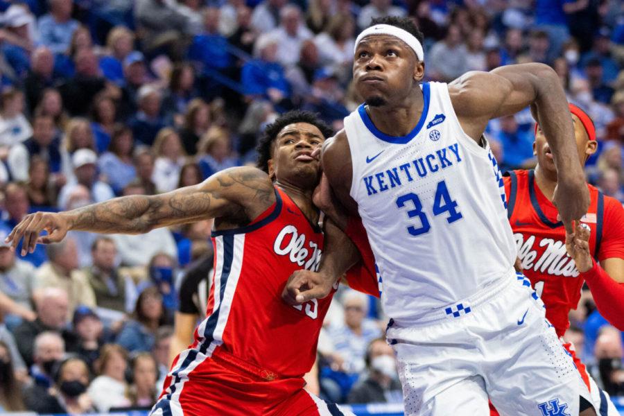 Kentucky+Wildcats+forward+Oscar+Tshiebwe+%2834%29+boxes+out+Mississippi+Rebels+forward+Luis+Rodriguez+%2815%29+during+the+UK+vs.+Ole+Miss+mens+basketball+game+on+Tuesday%2C+March+1%2C+2022%2C+at+Rupp+Arena+in+Lexington%2C+Kentucky.+UK+won+83-72.+Photo+by+Michael+Clubb+%7C+Staff