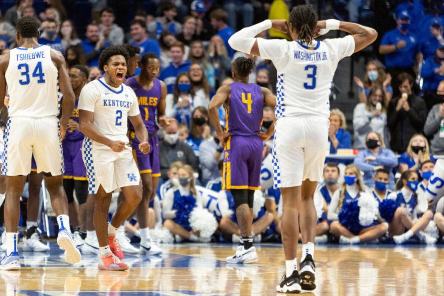 Kentucky Wildcats guard Sahvir Wheeler (2) celebrates with guard TyTy Washington Jr. (3) after drawing a foul during the UK vs. Miles College exhibition basketball game on Friday, Nov. 5, 2021, at Rupp Arena in Lexington, Kentucky. UK won 80-71. Photo by Jack Weaver | Staff