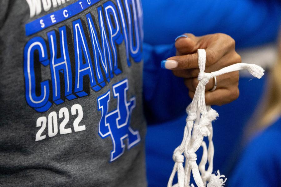 Kentucky Wildcats head coach Kyra Elzy holds the cut championship net during the team’s return from the SEC Tournament championship game on Sunday, March 6, 2022, at Joe Craft Center in Lexington, Kentucky. UK defeated No. 1 South Carolina 64-62 with a 3-pointer by Dre’Una Edwards in the last seconds of the game in Nashville, Tennessee. Photo by Michael Clubb | Staff