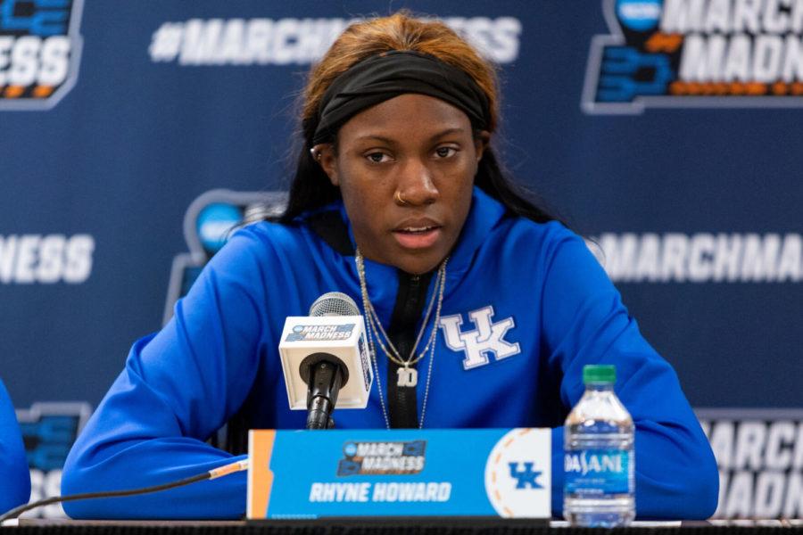 Kentucky+guard+Rhyne+Howard+%2810%29+takes+questions+during+a+postgame+press+conference+after+the+UK+vs.+Princeton+womens+basketball+game+in+the+first+round+of+the+NCAA+Tournament+on+Saturday%2C+March+19%2C+2022%2C+at+Assembly+Hall+in+Bloomington%2C+Indiana.+Princeton+won+69-62.+Photo+by+Jack+Weaver+%7C+Staff