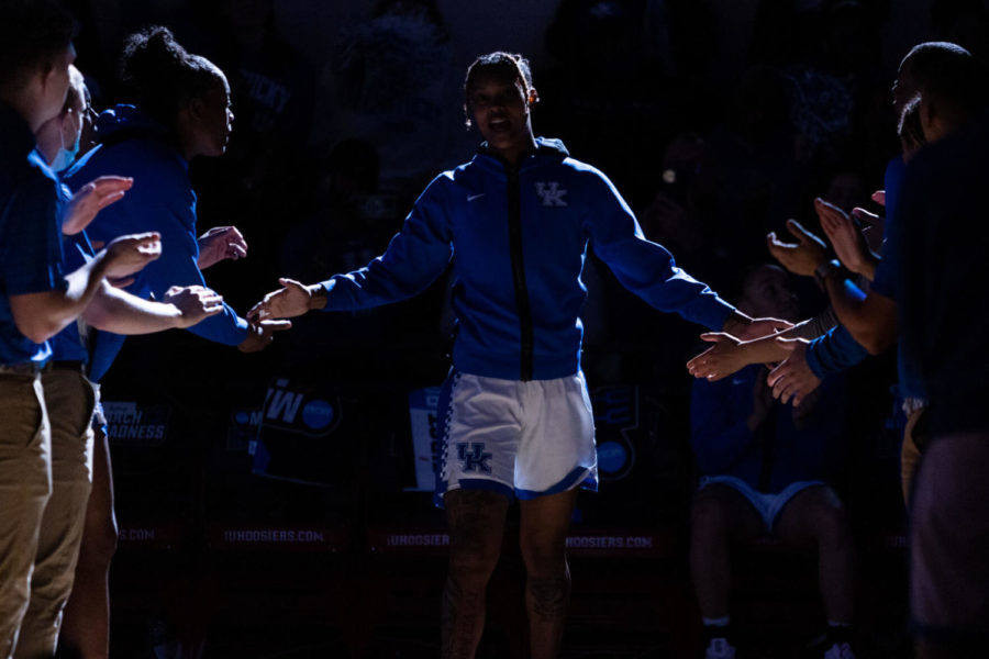 Kentucky guard Jazmine Massengill (3) high fives her team before the UK vs. Princeton womens basketball game in the first round of the NCAA Tournament on Saturday, March 19, 2022, at Assembly Hall in Bloomington, Indiana. Princeton won 69-62. Photo by Jack Weaver | Staff