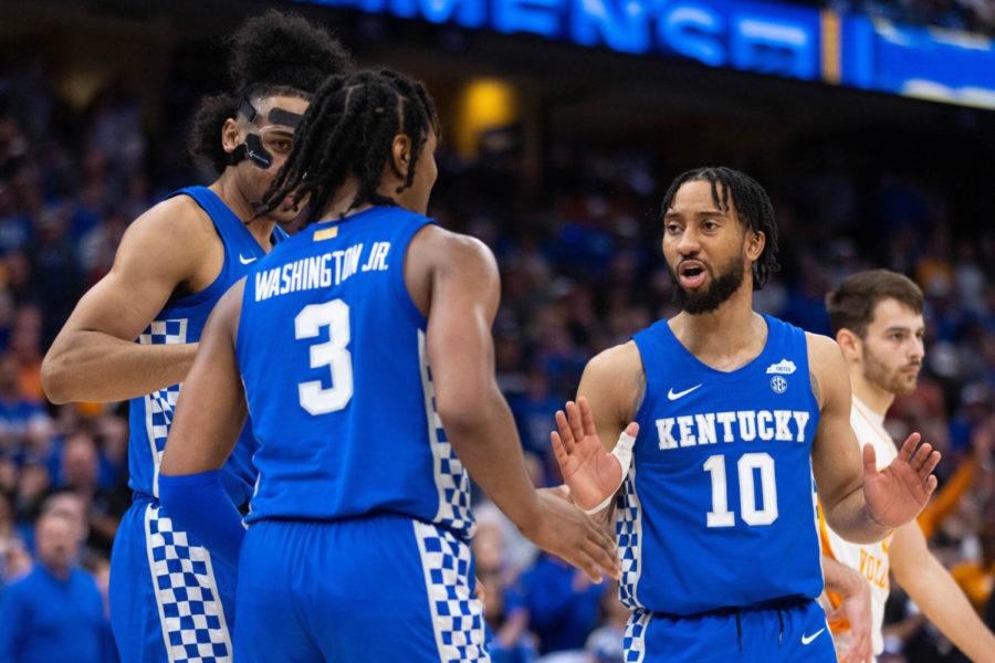 Kentucky Wildcats guard Davion Mintz (10) tries to calm down his team during the UK vs. Tennessee SEC Tournament semifinal mens basketball game on Saturday, March 12, 2022, at Amalie Arena in Tampa, Florida. UK lost 69-62. Photo by Michael Clubb | Staff