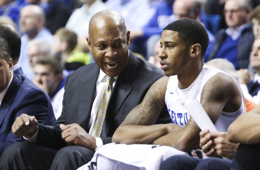 Kenny Payne talks to guard Charles Matthews on the sidelines during the UK vs. Mississippi State mens basketball game on Jan. 20, 2015, at Rupp Arena in Lexington, Kentucky. Photo by Taylor Pence | Staff