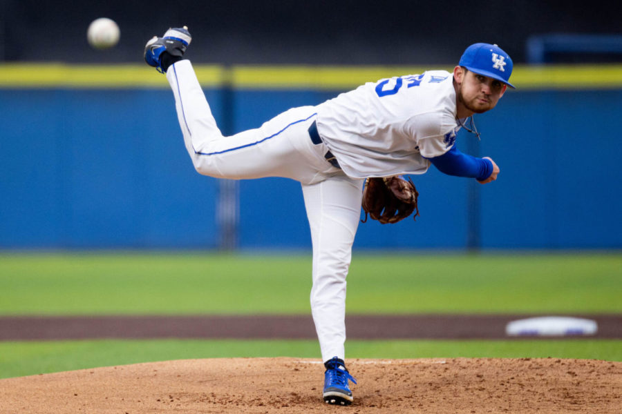 Kentucky Wildcats pitcher Seth Logue (25) throws the ball during the UK vs. Bellarmine baseball game on Wednesday, Feb. 23, 2022, at Kentucky Proud Park in Lexington, Kentucky. UK won 3-2. Photo by Michael Clubb | Staff