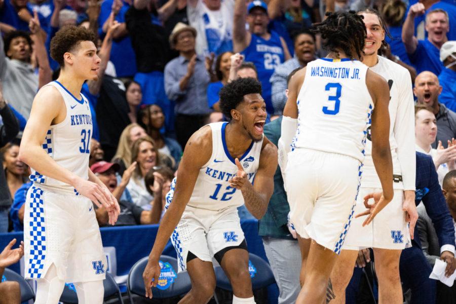Kentucky+Wildcats+forward+Keion+Brooks+Jr.+%2812%29+celebrates+a+TyTy+Washington+Jr.+%283%29+3-pointer+during+the+UK+vs.+Vanderbilt+SEC+Tournament+quarterfinals+mens+basketball+game+on+Friday%2C+March+11%2C+2022%2C+at+Amalie+Arena+in+Tampa%2C+Florida.+UK+won+77-71.+Photo+by+Michael+Clubb+%7C+Staff
