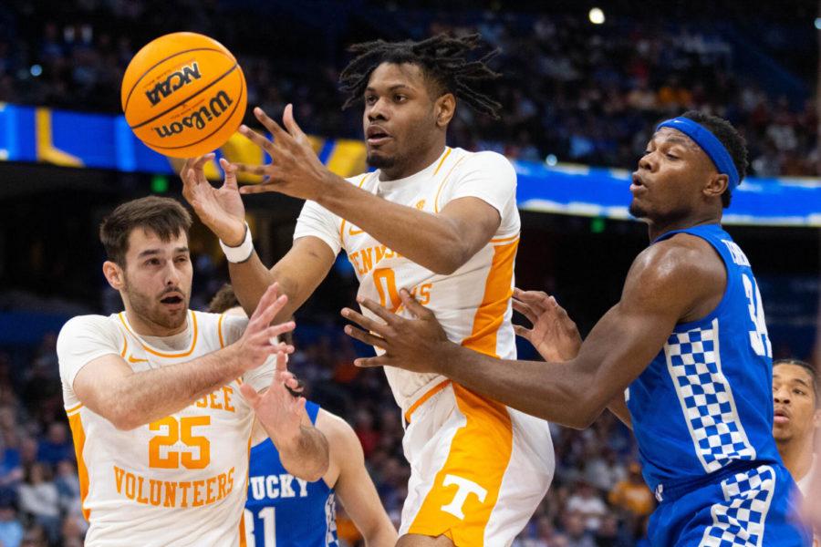 Tennessee Volunteers forward Jonas Aidoo (0) reaches for a loose ball during the UK vs. Tennessee SEC Tournament semifinal mens basketball game on Saturday, March 12, 2022, at Amalie Arena in Tampa, Florida. UK lost 69-62. Photo by Michael Clubb | Staff