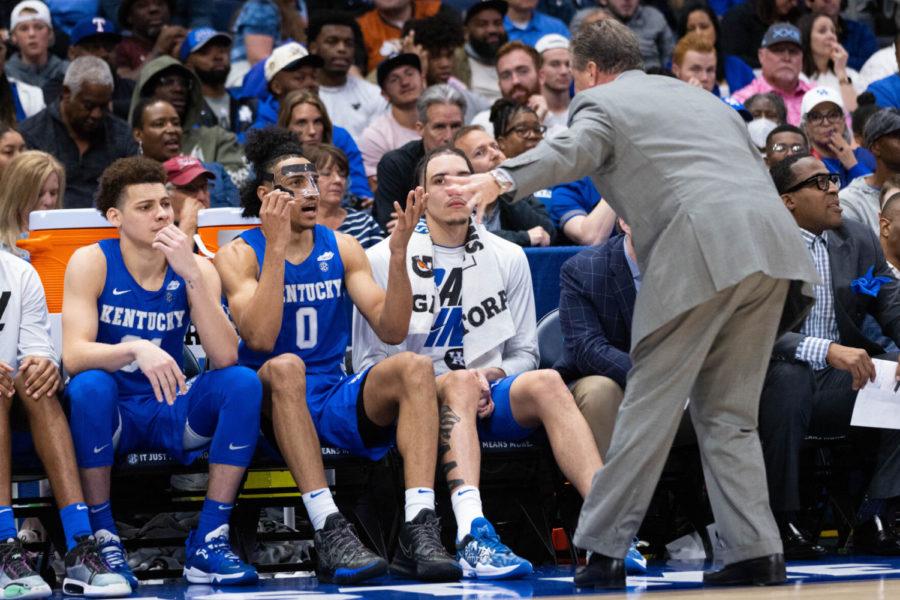 Kentucky Wildcats head coach John Calipari, right, coaches forward Jacob Toppin (0) during the UK vs. Tennessee SEC Tournament semifinal mens basketball game on Saturday, March 12, 2022, at Amalie Arena in Tampa, Florida. UK lost 69-62. Photo by Michael Clubb | Staff