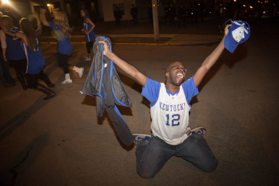 William Bolden, more popularly known as Stone Cold Willow, celebrates on State Street in Lexington, Kentucky, after Kentucky mens basketball’s win over the University of Louisville to advance to the Elite 8 of the NCAA Tournament on March 28, 2014. (David Stephenson/ZUMA Press)