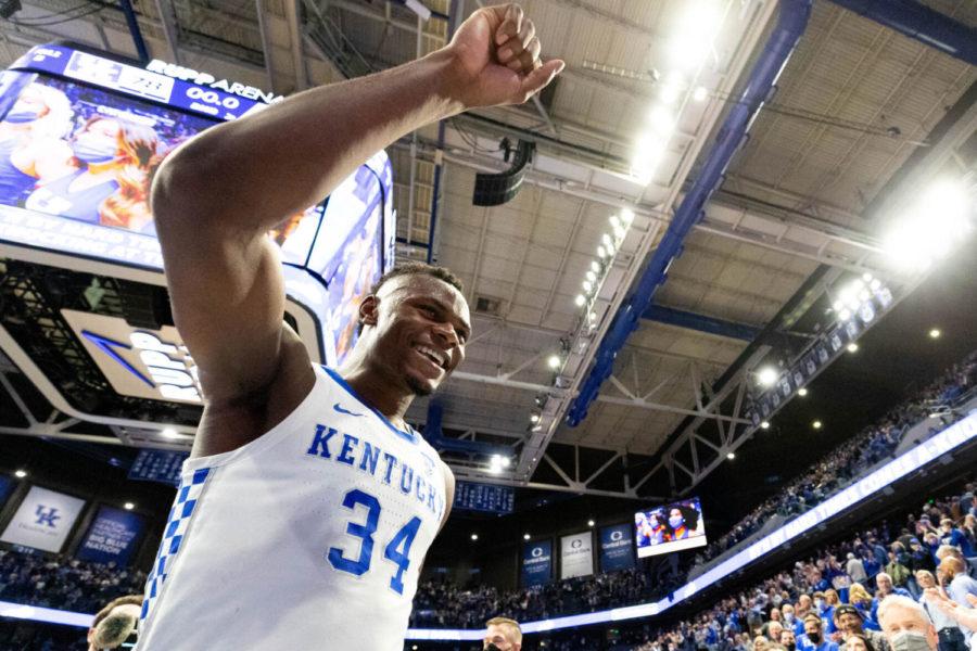 Kentucky+Wildcats+forward+Oscar+Tshiebwe+%2834%29+acknowledges+fans+after+the+UK+vs.+Florida+mens+basketball+game+on+Saturday%2C+Feb.+12%2C+2022%2C+at+Rupp+Arena+in+Lexington%2C+Kentucky.+UK+won+78-57.+Photo+by+Michael+Clubb+%7C+Staff