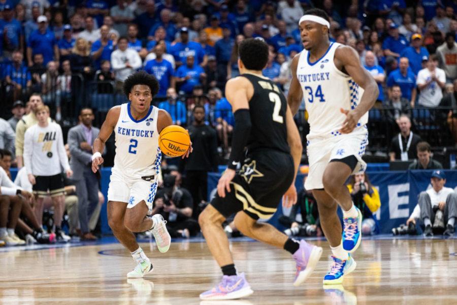 Kentucky Wildcats guard Sahvir Wheeler (2) drives the ball during the UK vs. Vanderbilt SEC Tournament quarterfinals mens basketball game on Friday, March 11, 2022, at Amalie Arena in Tampa, Florida. UK won 77-71. Photo by Michael Clubb | Staff