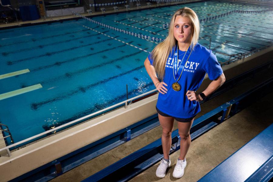 Former Kentucky Wildcats swimmer Riley Gaines poses for a portrait on Wednesday, March 30, 2022, at the Lancaster Aquatic Center in Lexington, Kentucky. Photo by Michael Clubb | Staff
