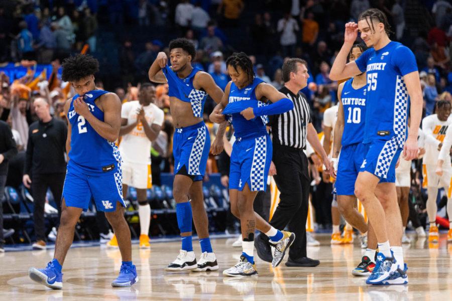 Kentucky players walk off of the court after the UK vs. Tennessee SEC Tournament semifinal mens basketball game on Saturday, March 12, 2022, at Amalie Arena in Tampa, Florida. UK lost 69-62. Photo by Michael Clubb | Staff