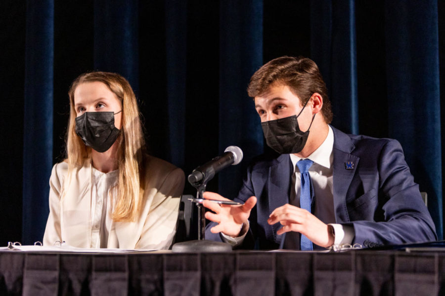 SGA presidential candidate Andrew Laws (right) speaks during the SGA presidential debate on Tuesday, Feb. 22, 2022, at the Gatton Student Center in Lexington, Kentucky. Photo by Jack Weaver | Staff