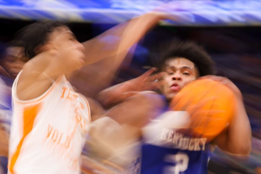 Kentucky Wildcats guard Sahvir Wheeler (2) drives to the basket during the UK vs. Tennessee SEC Tournament semifinal mens basketball game on Saturday, March 12, 2022, at Amalie Arena in Tampa, Florida. Photo by Michael Clubb | Staff