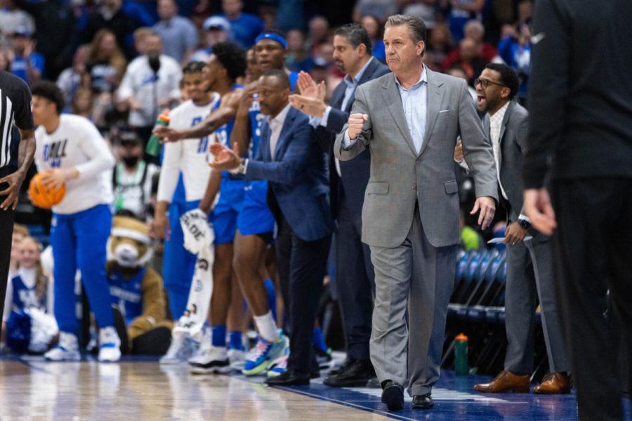 Kentucky Wildcats head coach John Calipari pumps his fist after a play during the UK vs. Tennessee SEC Tournament semifinal mens basketball game on Saturday, March 12, 2022, at Amalie Arena in Tampa, Florida. UK lost 69-62. Photo by Michael Clubb | Staff