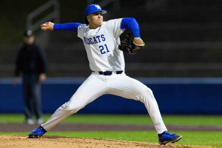 Kentucky Wildcats pitcher Wyatt Hudepohl (21) pitches during the UK vs. Morehead State baseball game on Tuesday, March 22, 2022, at Kentucky Proud Park in Lexington, Kentucky. UK won 7-5. Photo by Michael Clubb | Staff