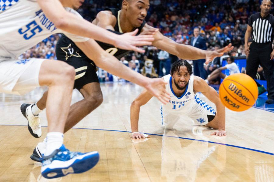 Kentucky Wildcats guard Davion Mintz (10) loses control of the ball during the UK vs. Vanderbilt SEC Tournament quarterfinals mens basketball game on Friday, March 11, 2022, at Amalie Arena in Tampa, Florida. UK won 77-71. Photo by Michael Clubb | Staff