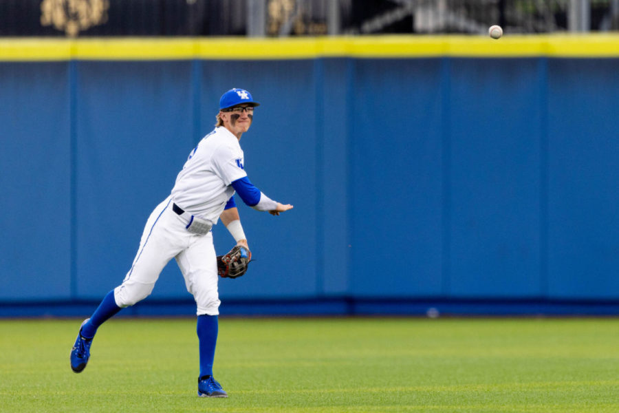Kentucky Wildcats outfielder John Thrasher (22) warms up before the UK vs. Morehead State baseball game on Tuesday, March 22, 2022, at Kentucky Proud Park in Lexington, Kentucky. UK won 7-5. Photo by Michael Clubb | Staff