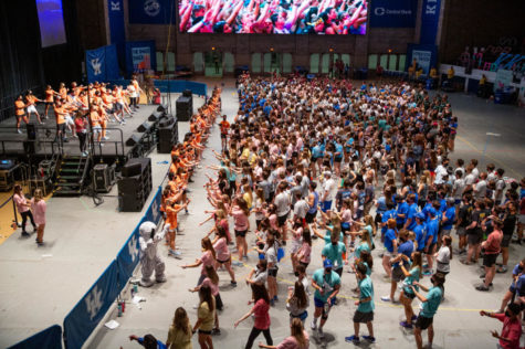 Dancers learn the line dance during the 24-hour DanceBlue marathon on Saturday, March 5, 2022, at Memorial Coliseum in Lexington, Kentucky. Photo by Jack Weaver | Staff