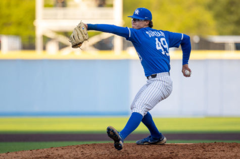 Kentucky Wildcat Austin Strickland (49) pitches during the UK vs. Louisville baseball game on Tuesday, April 20, 2021, at Kentucky Proud Park in Lexington, Kentucky. UK lost 12-5. Photo by Jack Weaver | Staff