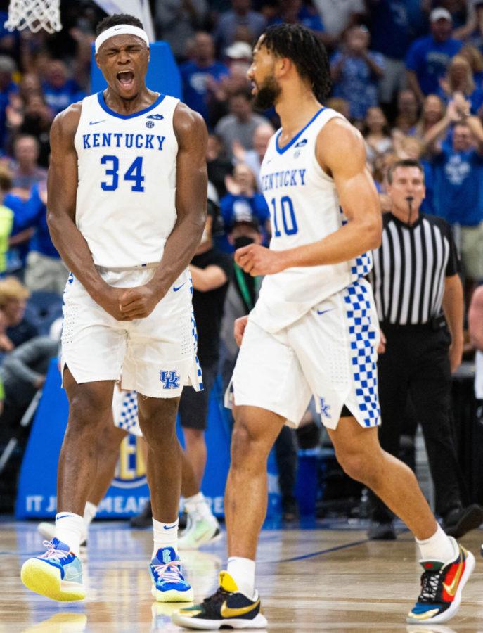 Kentucky+Wildcats+forward+Oscar+Tshiebwe+%2834%29+celebrates+during+a+run+by+his+team+during+the+UK+vs.+Vanderbilt+SEC+Tournament+quarterfinals+mens+basketball+game+on+Friday%2C+March+11%2C+2022%2C+at+Amalie+Arena+in+Tampa%2C+Florida.+UK+won+77-71.+Photo+by+Michael+Clubb+%7C+Staff