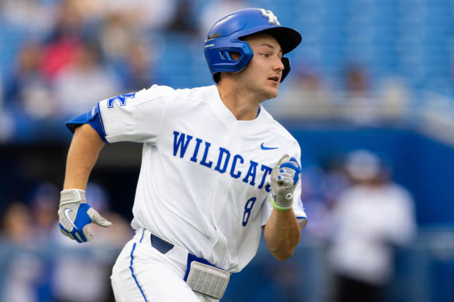 Kentucky Wildcats utility Kirk Liebert (8) sprints towards first base during the UK vs. Morehead State baseball game on Tuesday, March 22, 2022, at Kentucky Proud Park in Lexington, Kentucky. UK won 7-5. Photo by Michael Clubb | Staff