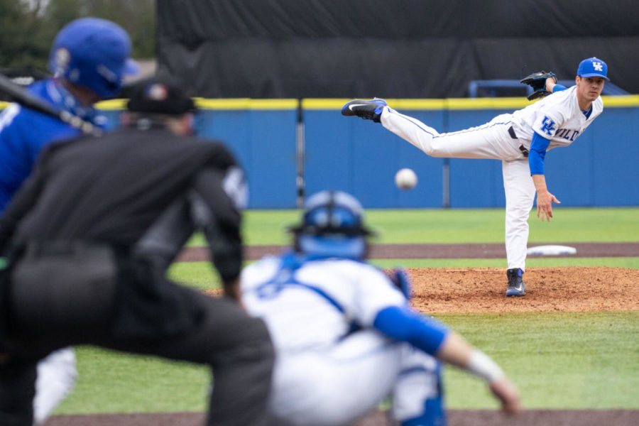 Kentucky Wildcat Sean Harney (34) pitches during the University of Kentucky vs. Georgia State game on Sunday, March 14, 2021, at Kentucky Proud Park in Lexington, Kentucky. UK won 4-2. Photo by Jack Weaver | Staff
