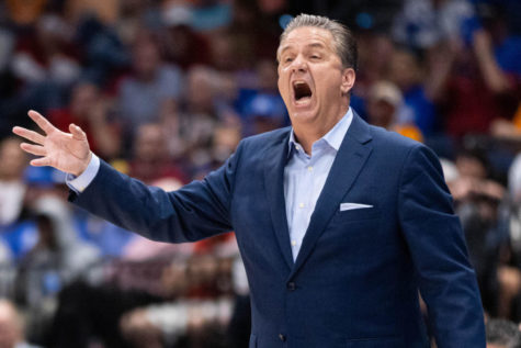 Kentucky Wildcats head coach John Calipari coaches his team from the sidelines during the UK vs. Vanderbilt SEC Tournament quarterfinals mens basketball game on Friday, March 11, 2022, at Amalie Arena in Tampa, Florida. UK won 77-71. Photo by Michael Clubb | Staff