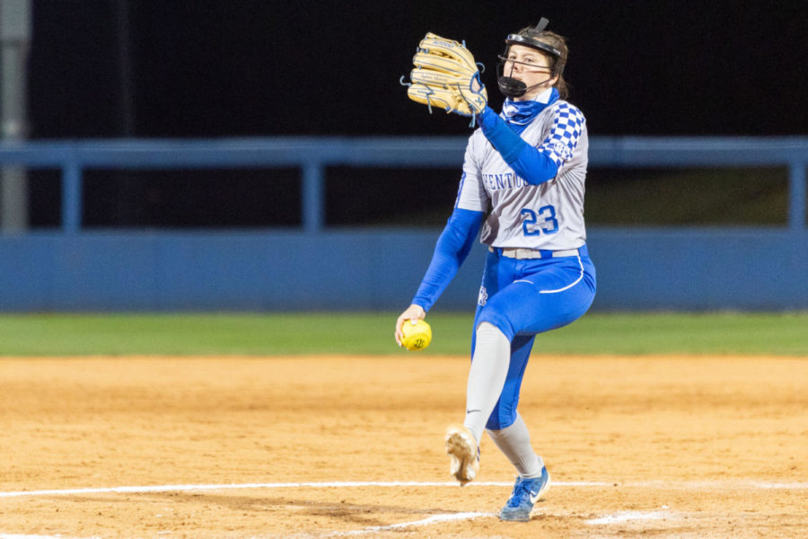 Kentucky+Wildcat+freshman+Stephanie+Schoonover+%2823%29+pitches+during+the+UK+vs.+Morehead+State+game+on+Wednesday%2C+March+31%2C+2021%2C+at+Cropp+Softball+Stadium+in+Lexington%2C+Kentucky.+UK+won+13-1.+Photo+by+Jack+Weaver+%7C+Staff