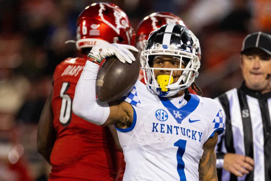 Kentucky+Wildcats+wide+receiver+WanDale+Robinson+%281%29+celebrates+getting+a+first+down+during+the+UK+vs.+Louisville+Governor%E2%80%99s+Cup+football+game+on+Saturday%2C+Nov.+27%2C+2021%2C+at+Cardinal+Stadium+in+Louisville%2C+Kentucky.+UK+won+52-21.+Photo+by+Michael+Clubb+%7C+Staff