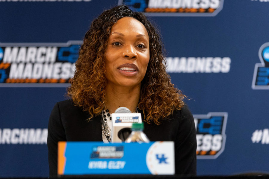 Kentucky head coach Kyra Elzy answers a question during a postgame press conference after the UK vs. Princeton womens basketball game in the first round of the NCAA Tournament on Saturday, March 19, 2022, at Assembly Hall in Bloomington, Indiana. Princeton won 69-62. Photo by Jack Weaver | Staff