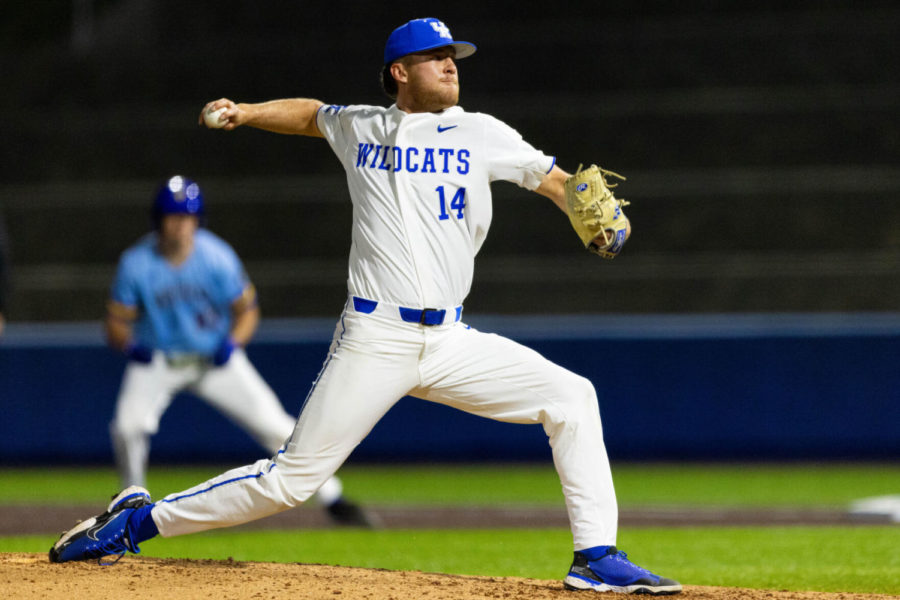 Kentucky+Wildcats+pitcher+Tyler+Guilfoil+%2814%29+pitches+during+the+UK+vs.+Morehead+State+baseball+game+on+Tuesday%2C+March+22%2C+2022%2C+at+Kentucky+Proud+Park+in+Lexington%2C+Kentucky.+UK+won+7-5.+Photo+by+Michael+Clubb+%7C+Staff