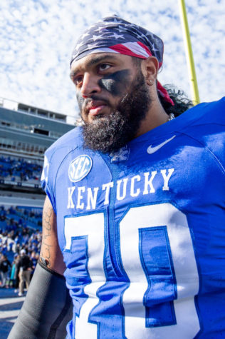 Kentucky offensive tackle Darian Kinnard (70) walks to the locker room before the Kentucky vs. New Mexico State football game on Saturday, Nov. 20, 2021, at Kroger Field in Lexington, Kentucky. UK won 56-16. Photo by Jack Weaver | Staff