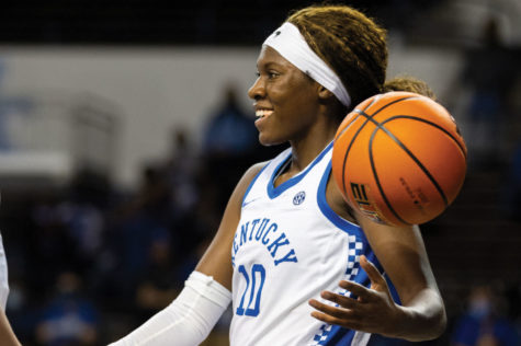 Kentucky Wildcats guard Rhyne Howard (10) smiles after getting a jump ball call during the UK vs. Presbyterian College womenís basketball game on Tuesday, Nov. 9, 2021, at Memorial Coliseum in Lexington, Kentucky. Kentucky won 81-53. Photo by Michael Clubb | Staff