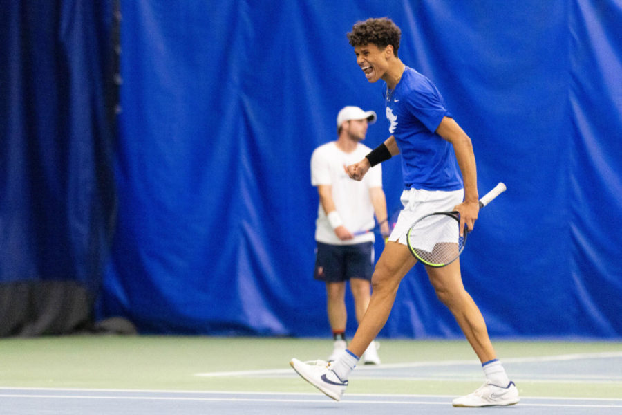 Gabriel Diallo celebrates winning a game during the UK vs. Virginia tennis match on Thursday, March 31, 2022, at Hilary J. Boone Tennis Complex in Lexington, Kentucky. UK lost 4-2. Photo by Michael Clubb | Staff