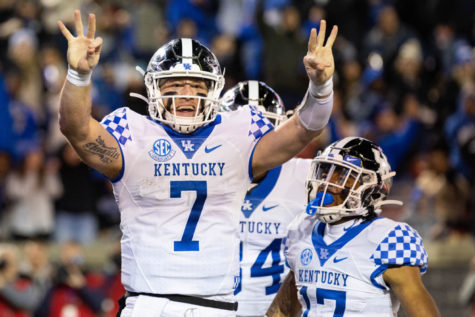 Kentucky Wildcats quarterback Will Levis (7) celebrates scoring his third touchdown during the UK vs. Louisville Governor’s Cup football game on Saturday, Nov. 27, 2021, at Cardinal Stadium in Louisville, Kentucky. UK won 52-21. Photo by Michael Clubb | Staff