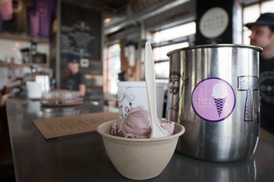 ​A scoop of ice cream is served at Crank & Boom, located at the old Pepper Distillery Campus off of Manchester street, on July 15, 2015. Staff file photo.
