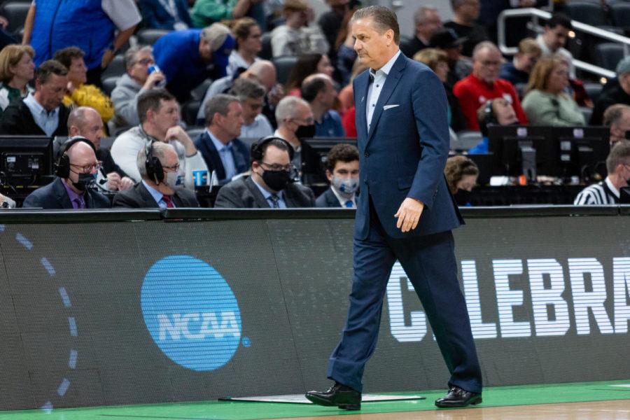 Kentucky Wildcats head coach John Calipari walks towards the bench during the UK vs. Saint Peter’s mens basketball game in the first round of the NCAA Tournament on Thursday, March 17, 2022, at Gainbridge Fieldhouse in Indianapolis, Indiana. UK lost 85-79. Photo by Jack Weaver | Staff