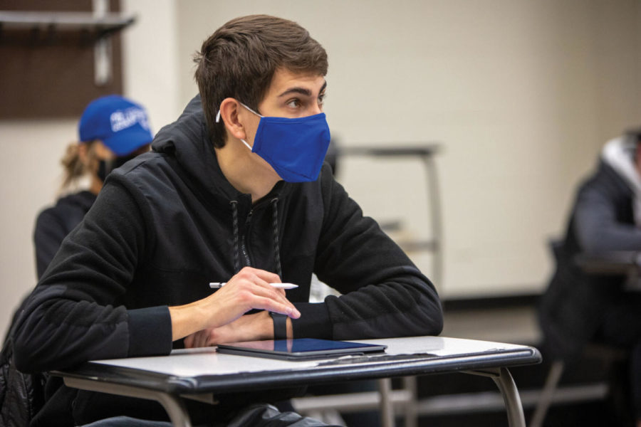 A UK student takes notes on an iPad in Jill Day’s History & Philosophy of Physical Education & Sport class on Friday, Feb. 5, 2021, at White Hall Classroom Building in Lexington, Kentucky. Photo by Jack Weaver | Staff