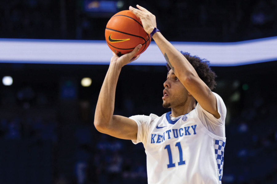 Kentucky Wildcats guard Dontaie Allen (11) shoots the ball during the UK vs. Central Michigan men’s basketball game on Monday, Nov. 29, 2021, at Rupp Arena in Lexington, Kentucky. UK won 85-57. Photo by Michael Clubb | Staff