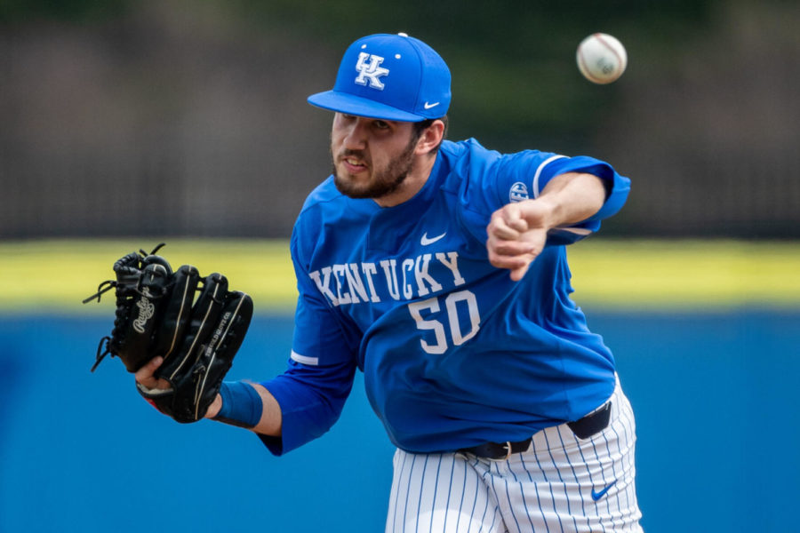Kentucky Wildcat Mason Hazelwood (50) pitches during the University of Kentucky vs. Georgia State baseball game on Saturday, March 13, 2021, at Kentucky Proud Park in Lexington, Kentucky. UK won 6-1. Photo by Michael Clubb | Staff
