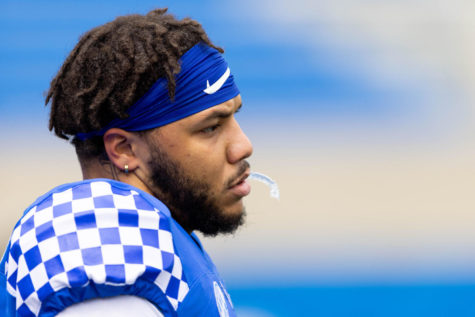 Kentucky Wildcats running back Chris Rodriguez Jr. (24) waits to warm up before the UK football spring game on Saturday, April 9, 2022, at Kroger Field in Lexington, Kentucky. Photo by Michael Clubb | Staff