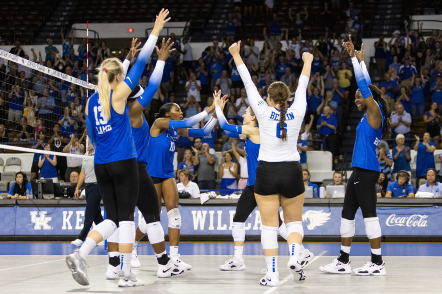 Kentucky+players+celebrate+during+the+Kentucky+vs.+Marquette+volleyball+match+on+Friday%2C+Aug.+26%2C+2022%2C+at+Memorial+Coliseum+in+Lexington%2C+Kentucky.+Marquette+won+3-2.+Photo+by+Jack+Weaver+%7C+Staff